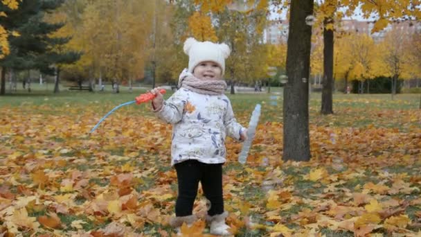 Linda niña jugando con burbujas de jabón en el parque — Vídeos de Stock