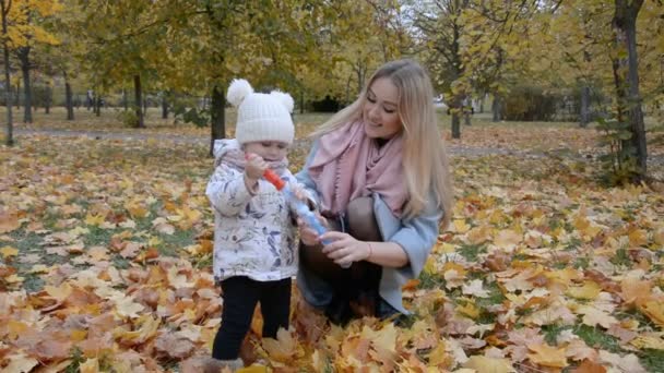 Mamma och dotter blåser bubblor i parken — Stockvideo