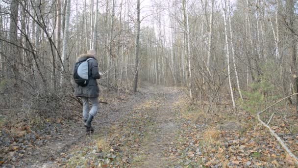 Загублена людина з планшетом шукає керівництва в лісі, туристична концепція — стокове відео