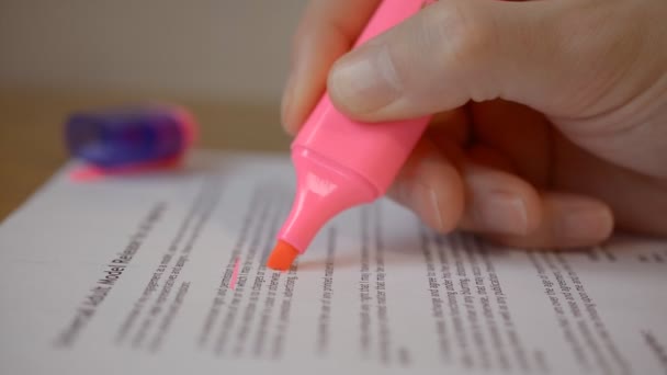 Pulgar páginas y resaltar texto con marcador rosa — Vídeo de stock