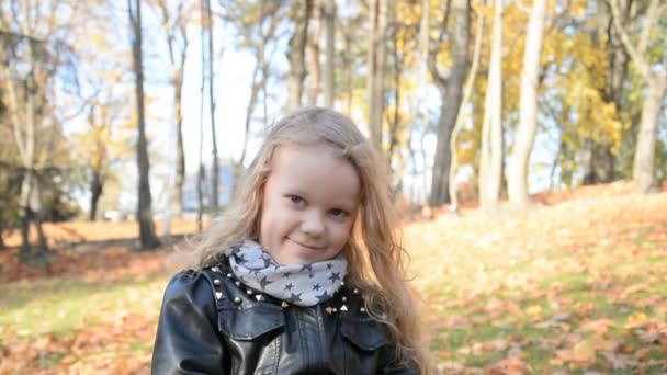 Retrato en el parque de una hermosa niña de cinco años en el parque — Vídeos de Stock