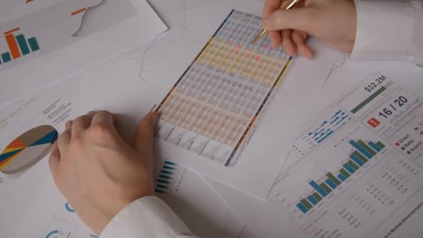 Images en gros plan de mains d'homme d'affaires avec stylo de travail et de négociation avec des données de graphique de stock — Video