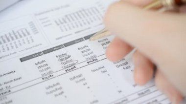 Finans raporları üzerinde çalışan iş adamı kadın, çok yakın plan.