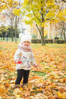 Küçük kız sonbahar günü balon değneği ve baloncuk üflerken eğleniyor.