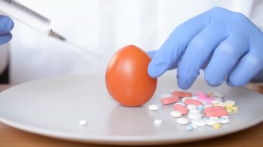 No GMO concept, stop gmo concept: Hand injects a syringe with liquid gmo in a tomato