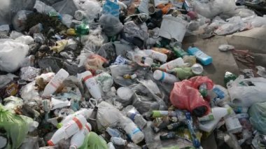 MINSK, BELARUS - 20 Mart 2020: Çöplük orman alışveriş arabası kara çöplük ve arka plan çöp torbaları