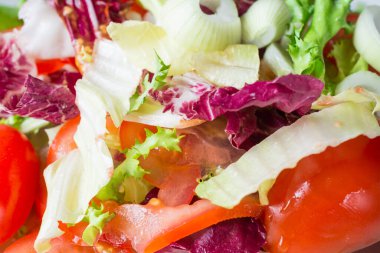 Domatesli taze vejetaryen salatası soğan ve yeşil yapraklar yakın plan.