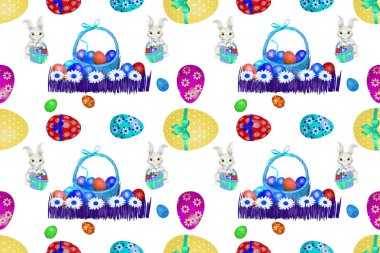 Duvar kağıdı ve kumaş tasarımı için sevimli tavşancıklar, yumurtalar ve çiçeklerle Paskalya arkaplanı.