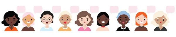Variedade de faces de personagens femininas ilustradas por vetor . — Vetor de Stock