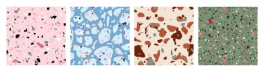 Elegant seamless terrazzo fashion pattern set. Modern stone floor, tile design textures. Earthy colours, pink, blue and green backgrounds and elements. Abstract digital illustrated concrete.