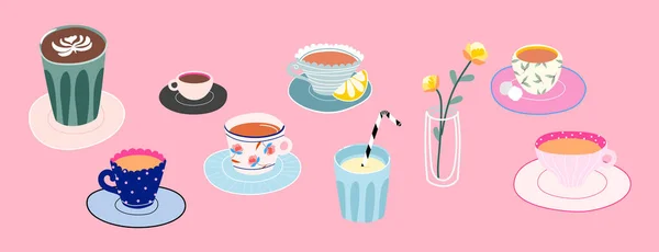 Ensemble de tasses à la mode avec thé ou café. Vase vectoriel dessiné à la main, verre et tasses colorées avec différentes textures. Articles de ménage isolés sur un fond rose. Boissons du matin . — Image vectorielle