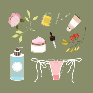 Kadın kreşi. Çeşitli cilt bakım ürünleri ve kadın aksesuarları. Günlük makyaj ve güzellik konsepti. El çizimi vektör izole elementler yüz kremi ve serum gibi.