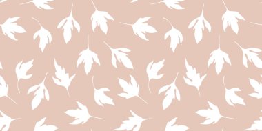 Beyaz yapraklar bej, pürüzsüz desenli. Minimalist kumaş, el yapımı vektör tasarımını tekrar eden ambalaj kağıdı. Yumuşak cilt tonunda bitkisel elementler. Nötr zarif tasarım.