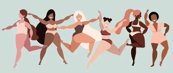 Gelukkige meisjes. Lichaam positief. Ik hou van je lichaam. Verschillende etniciteit en huidskleur vrouwelijke personages. Dames glimlachen en dansen. Verscheidenheid van houdingen en gebaren. Trendy vector illustratie voor web, app. — Stockvector