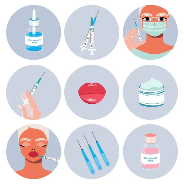 Iconos de inyección de belleza. Rellenos labiales, maestro sosteniendo una jeringa, cliente y crema facial. Colección de elementos cosmetológicos en círculos. Industria de la belleza y concepto de inyección. Ilustración vectorial moderna — Vector de stock