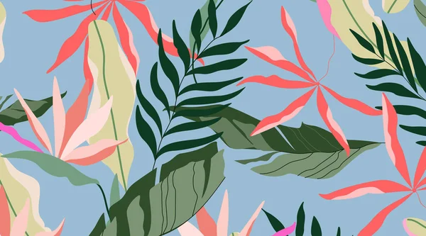 Тропический островной рисунок. Голубой фон безseamless дизайн. Гавайские пальмовые листья, банановые листья и стрелицкие цветы. Концепция летнего парада. Элемент оформления баннеров, листовок . — стоковый вектор