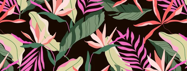 黑色的热带图案。棕色背景无缝设计。夏威夷棕榈叶、香蕉叶和紫苏花。美丽的夏季天堂的概念。横幅、传单设计部分. — 图库矢量图片