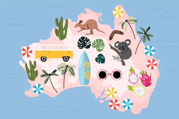 Ausztrália illusztrált térkép. Ausztrál kultúra, természet és hagyományok a térképen. Kézzel rajzolt modern vektor illusztráció web és nyomtatáshoz. Trendi ausztrál térkép tervezés. — Stock Vector