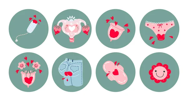 Conjunto de iconos de período menstrual. Conjunto de imágenes dibujadas a mano: copas menstruales, jeans sangrantes, tampones, almohadillas, bragas, flores sonrientes, corazones. Productos de higiene femenina. Pegatinas de artículos aislados . — Archivo Imágenes Vectoriales