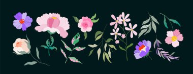 İzole vektör çiçekleri. Logo, desen, ağ ve uygulama tasarımı için farklı çiçek unsurları seti. Kadınsı canlı yaban gülleri, ağaç dalları ve kır çiçekleri. El çizimi moda illüstrasyon.