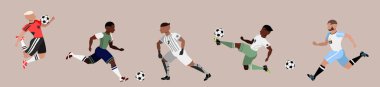 Çok ırklı futbol oyuncuları. El çizimi izole vektör karakterleri koleksiyonu. Spor ve koşu. Futbol oyuncuları. Kaleci ve takım üyeleri. Moda erkek karakter tasarımı seti.