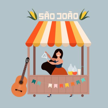 Festa Junina kartı. İçki satan bir kadın. Haziran 'da Brezilya Geleneksel Tatili. Festa de Sao Joao. Portekiz yaz tatili konsepti. Web afişi ve yazdırma için modern el çizimi vektör illüstrasyonu.