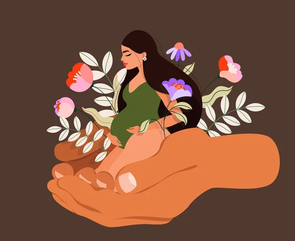 Homme mains tenant femme enceinte et fleurs. Plantes de printemps et les cheveux longs femme enceinte assis. Illustration vectorielle isolée dessinée à la main sur fond brun. Concept de soins de santé et de grossesse féminins . — Image vectorielle