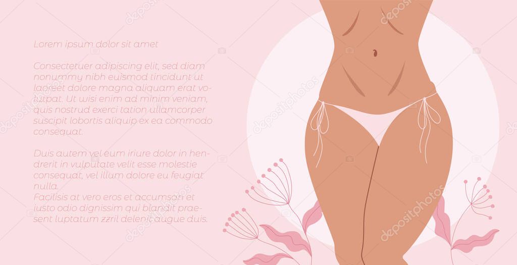 Beautiful female body closeup. Hand-drawn vector illustration of hips and legs. Healthcare and menstruation concept. 