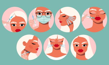 Beauty injection icons. Lip fillers, master holding a syringe, client and facial creme. Collection of cosmetology elements in circles. Beauty industry and injection concept. Modern vector illustration clipart