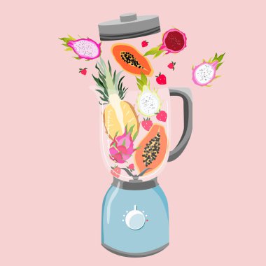 Meyve dolu blender. Karıştırıcıda çeşitli tropikal meyveler var. Sağlıklı beslenme ve zindelik kavramı. Meyve püresi hazırlığı. İzole edilmiş moda illüstrasyon.