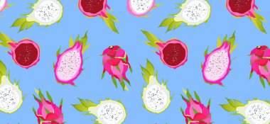 Mavi üzerine ejderha meyvesi deseni. Canlı mavi bir arka planda egzotik meyveler. Hawai yemeği. Sağlıklı beslenme. Moda vektörü yaz meyvelerinin örneklerini gösteriyor. Duvar kağıtları, web, uygulama için güzel tasarım.