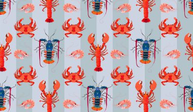 Yengeçler ve ıstakozlar kusursuz. Dikey çizgili arka plan, gökkuşağı ıstakozu, kırmızı ıstakoz ve yengeç tasarımı. Web afişi ve duvar kağıdı tasarımı için el çizimi moda vektör illüstrasyonuName.