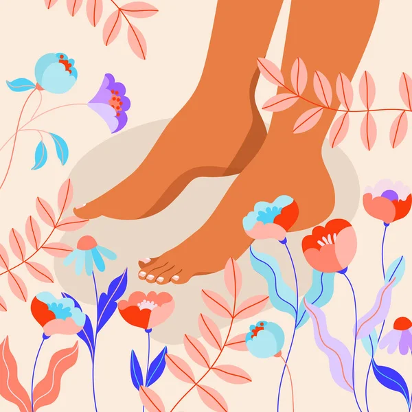 Vrouwelijke voeten en eenvoudige bloemen. Voeten stappen op de bloemengrond. Vrouwelijke schoonheid en huidverzorging concept. Handgetekende moderne vector geïllustreerde poster voor web en print. Trendy minimalistische vormgeving. — Stockvector