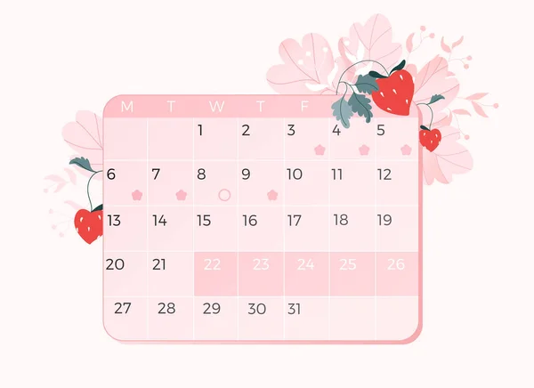 Różowy kalendarz menstruacyjny. Odizolowany miesięczny kalendarz i infografiki kwiatowe. Truskawkowe i zostawić elementy dekoracyjne. Nowoczesna ilustracja wektorowa do projektowania stron internetowych i aplikacji. Zdrowie kobiet. — Wektor stockowy