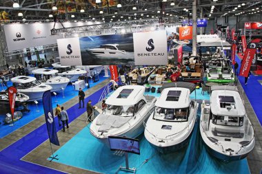 Moscow / Russia  03 05 2020: Interior top view on motor boast on spring 13th International Moscow Boat Show 2019 at the Crocus Expo exhibition center