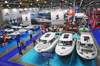 Moscow / Russia  03 05 2020: Interior top view on motor boast on spring 13th International Moscow Boat Show 2019 at the Crocus Expo exhibition center clipart