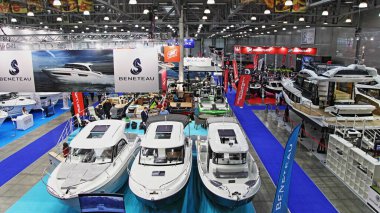 Moscow / Russia  03 05 2020: Motor boats Beneteau and Galeon on 13th International Moscow Boat Show 2019 at the Crocus Expo exhibition center