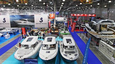 Moscow / Russia  03 05 2020: Motor boats Beneteau and Galeon on 13th International Moscow Boat Show 2019 at the Crocus Expo exhibition center clipart