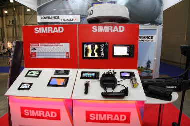 Moscow / Russia  03 05 2020: Simrad display stand with Boat multifunctional devices on 13th International Moscow Boat Show 2020 at the Crocus Expo exhibition center