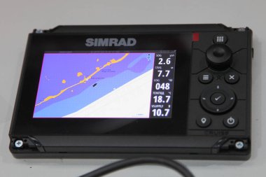 Moscow / Russia  03 05 2020: Boat multifunctional device Simrad close up on 13th International Moscow Boat Show 2020 at the Crocus Expo exhibition center