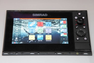 Moscow / Russia  03 05 2020: Marine boat multifunctional appliance Simrad close up  menu on 13th International Moscow Boat Show 2020 at the Crocus Expo exhibition center