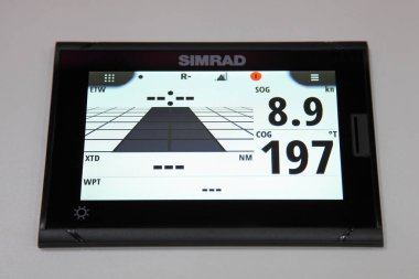 Moscow / Russia  03 05 2020: Yacht multifunctional device Simrad radar display close up on 13th International Moscow Boat Show 2020 at the Crocus Expo exhibition center