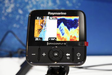 Moscow / Russia  03 05 2020: Boat multifunctional device Raymarine Dragonfly 5 with GPS map and Sonar depth meter close up on 13th International Moscow Boat Show 2020 at the Crocus Expo exhibition