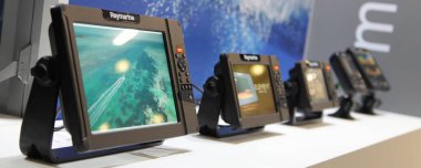 Moscow / Russia  03 05 2020: Raymarine vessel multifunctional devices  close up in perspective on 13th International Moscow Boat Show 2020 at the Crocus Expo exhibition center