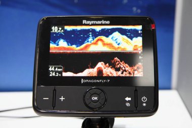 Moscow / Russia  03 05 2020: Boat multifunctional device Raymarine Dragonfly 7 with bottom structure scanner and Sonar depth meter close up on 13th International Moscow Boat Show 2020 in Crocus Expo