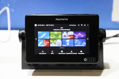 Moscow / Russia  03 05 2020: Boat multifunctional device Raymarine  close up on 13th International Moscow Boat Show 2020 at the Crocus Expo exhibition center
