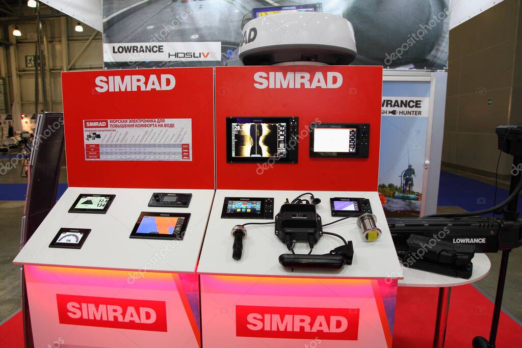 Moscow / Russia  03 05 2020: Simrad display stand with Boat multifunctional devices on 13th International Moscow Boat Show 2020 at the Crocus Expo exhibition center