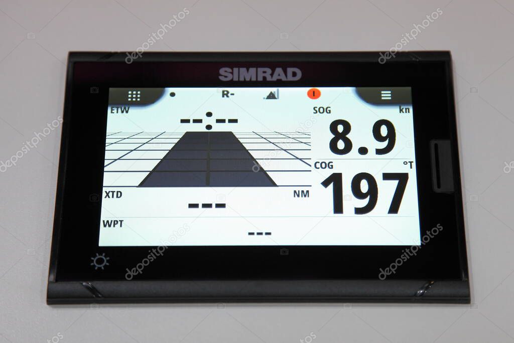 Moscow / Russia  03 05 2020: Yacht multifunctional device Simrad radar display close up on 13th International Moscow Boat Show 2020 at the Crocus Expo exhibition center