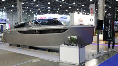 Moscow / Russia  03 05 2020: New futuristic gray powerboat CRANCHI from First Yacht Group on 13th International Moscow Boat Show 2020 at the Crocus Expo exhibition center