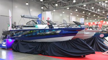 Moscow / Russia  03 05 2020: Russian aluminium welded motor boats Berkut on13th International Moscow Boat Show 2020 in Crocus Expo exhibition center